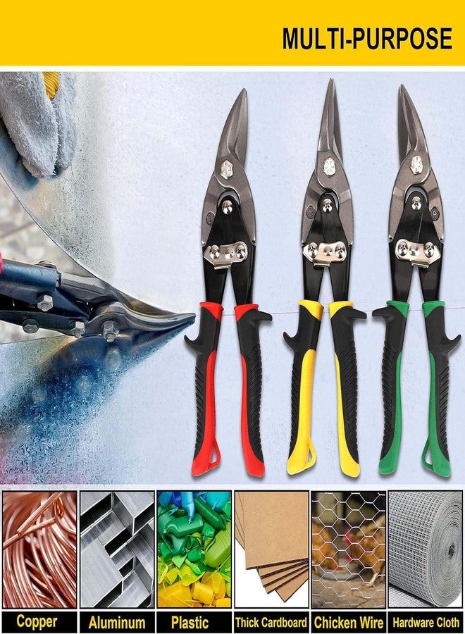 UPTODATETOOLS مجموعة مقصات معدنية من 3 قطع من UPTODATETOOLS، لقص الصفائح المعدنية، مصنوعة من فولاذ الكروم والفاناديوم، مستقيمة يمينًا ويسارًا. - Image 4